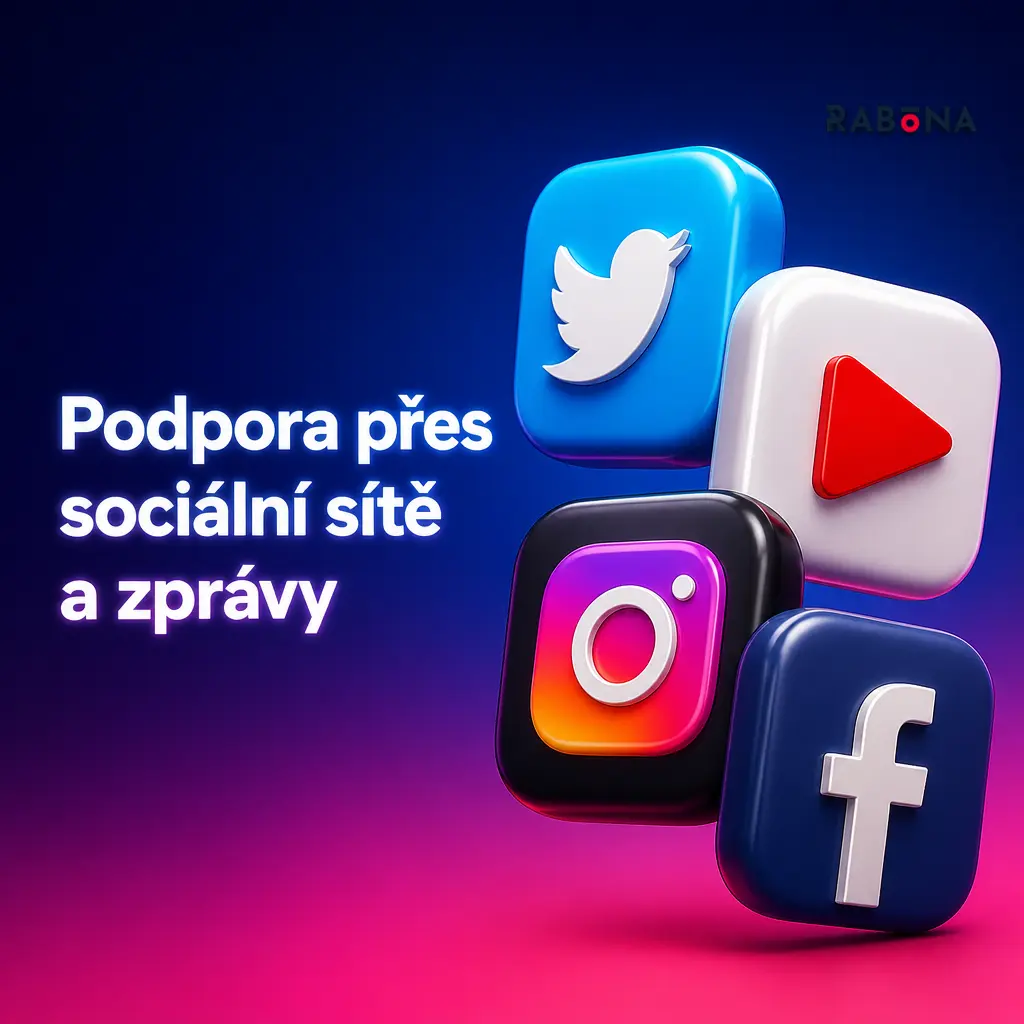 Podpora Rabona přes sociální sítě Facebook a Instagram pro obecné dotazy, novinky a akce platformy.